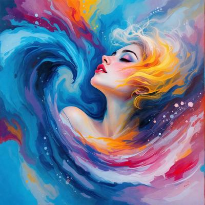 The primary subject of the image is a woman with blonde hair, who is the main focus of the scene. She is depicted in a painting or drawing, with a blue and orange color scheme. The setting is a water-like environment, possibly a swimming pool or a body of water. The visual style suggests that the image is a digital art or illustration, with a vibrant and lively atmosphere.